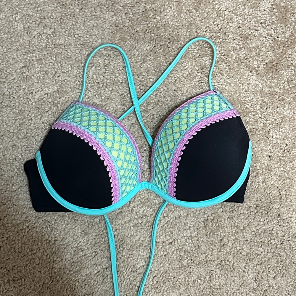 Shade & Shore Black Bikini Top with Aqua Straps and Pastel Crochet Detail